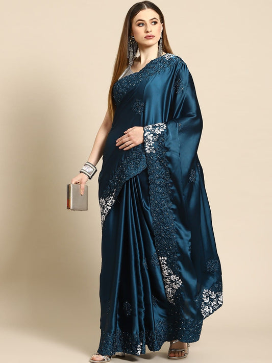 Premium Satin Saree with Resham & Moti Work