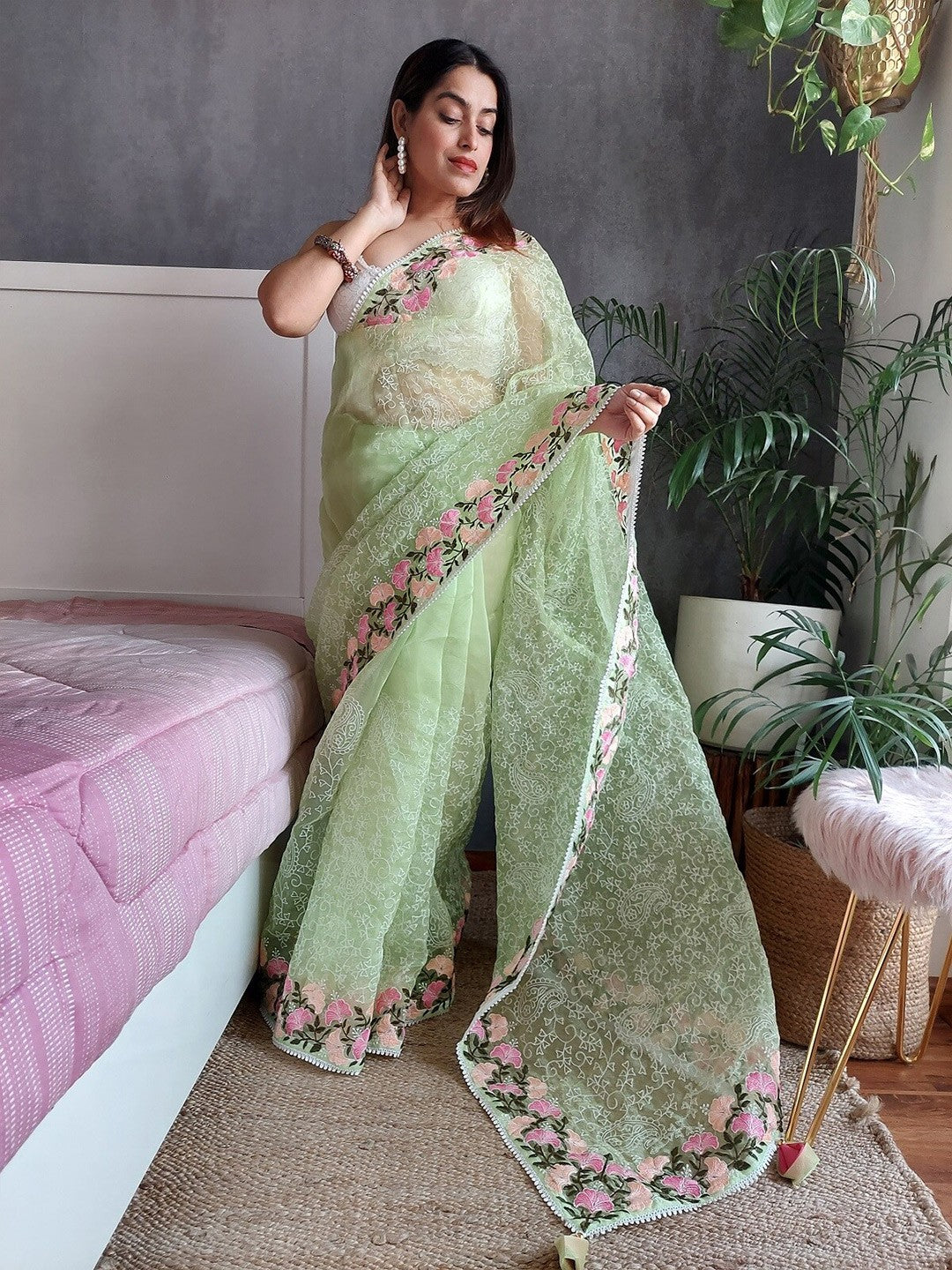 Satin Organza Saree with Resham Embroidery and Plain Blouse