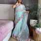 Satin Organza Saree with Resham Embroidery and Plain Blouse