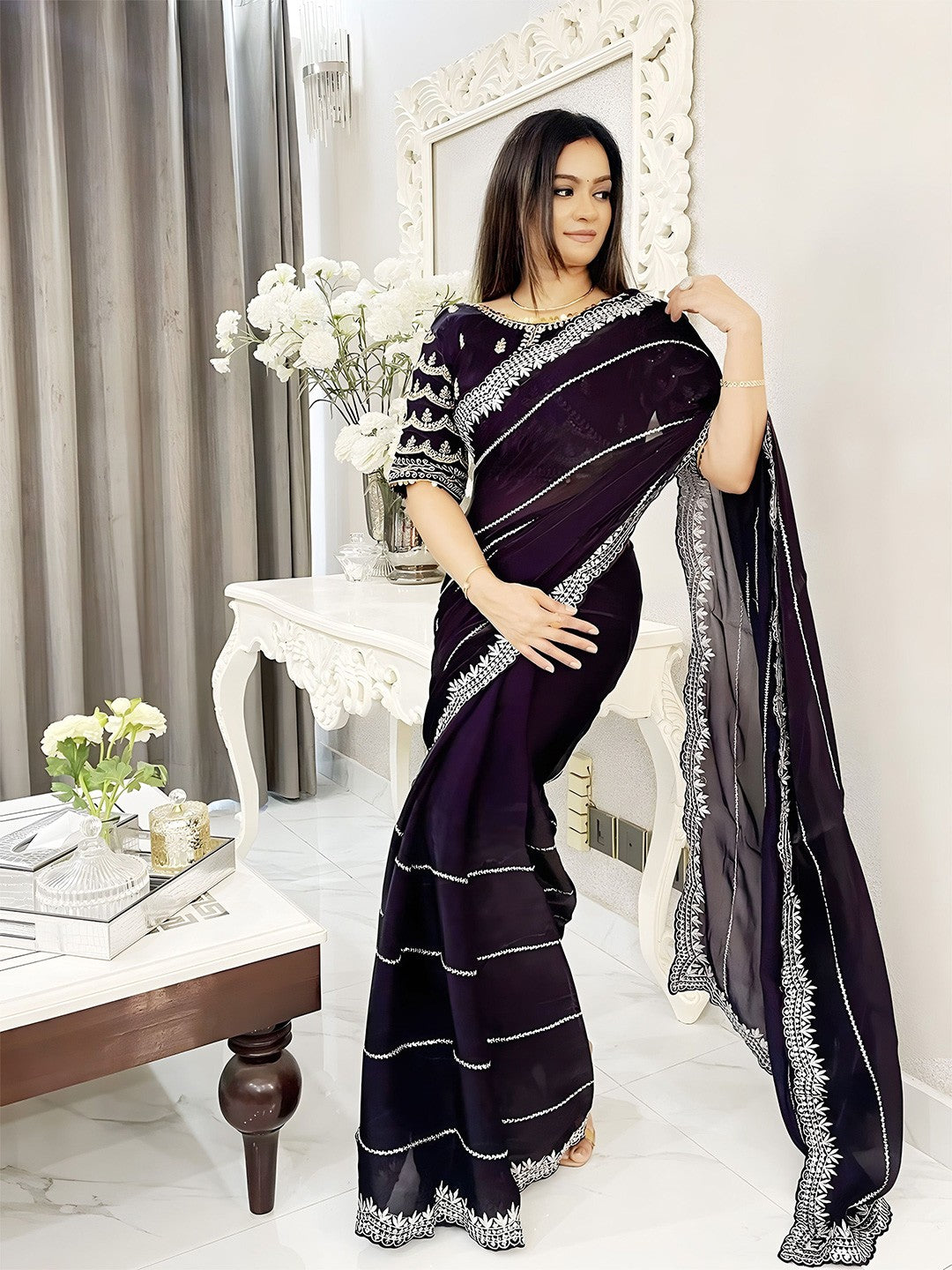 Satin Organza Saree with Cutwork Border & Heavy Blouse