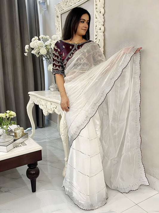 Satin Organza Saree with Cutwork Border & Heavy Blouse
