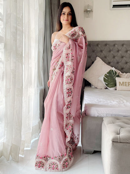 Resham & Sequin Work Organza Saree with Plain White Blouse