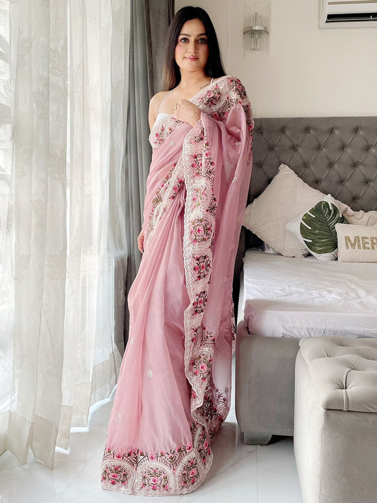 Resham & Sequin Work Organza Saree with Plain White Blouse