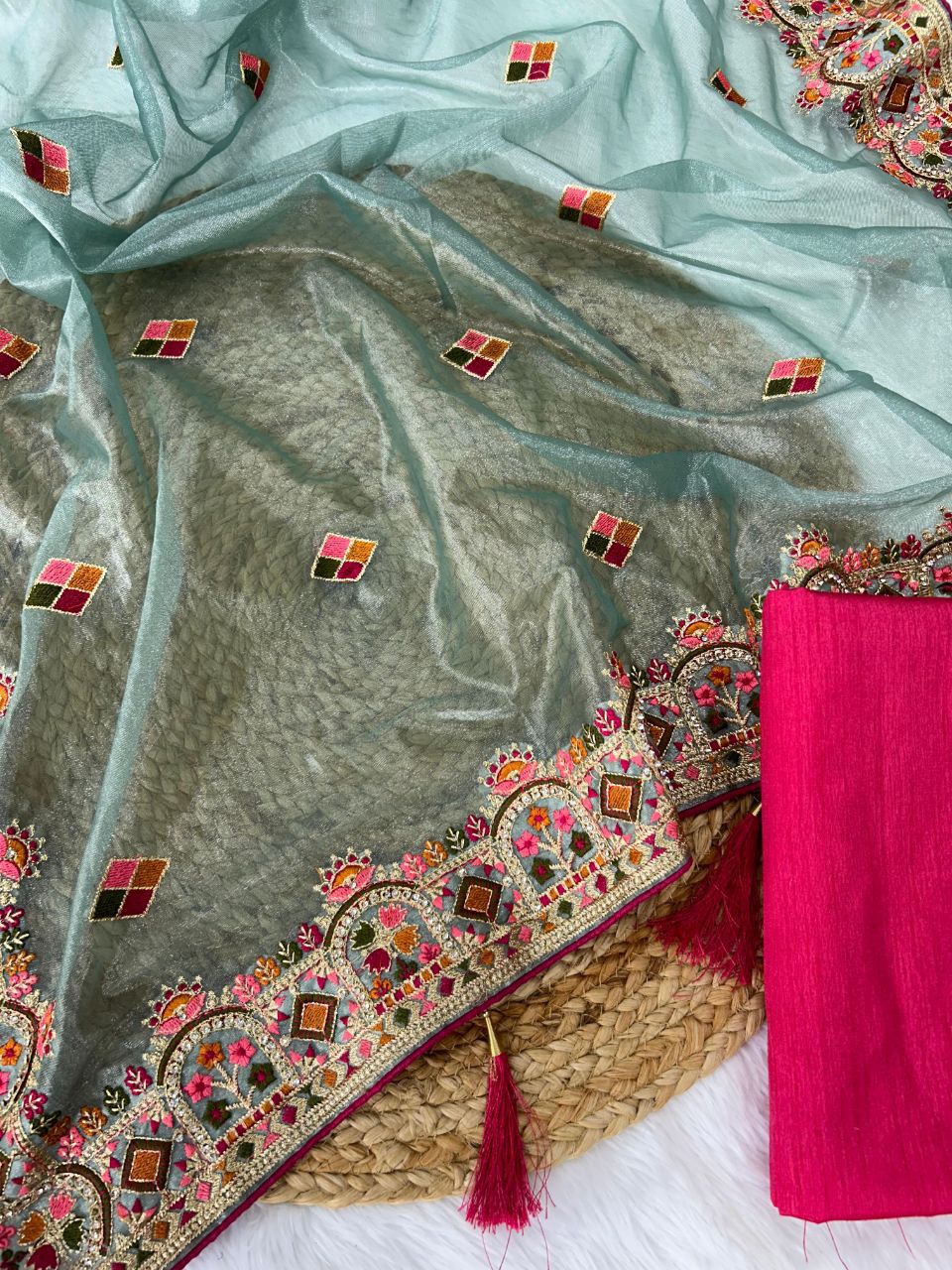 Designer Twill Net Saree with Diamond & Thread Work