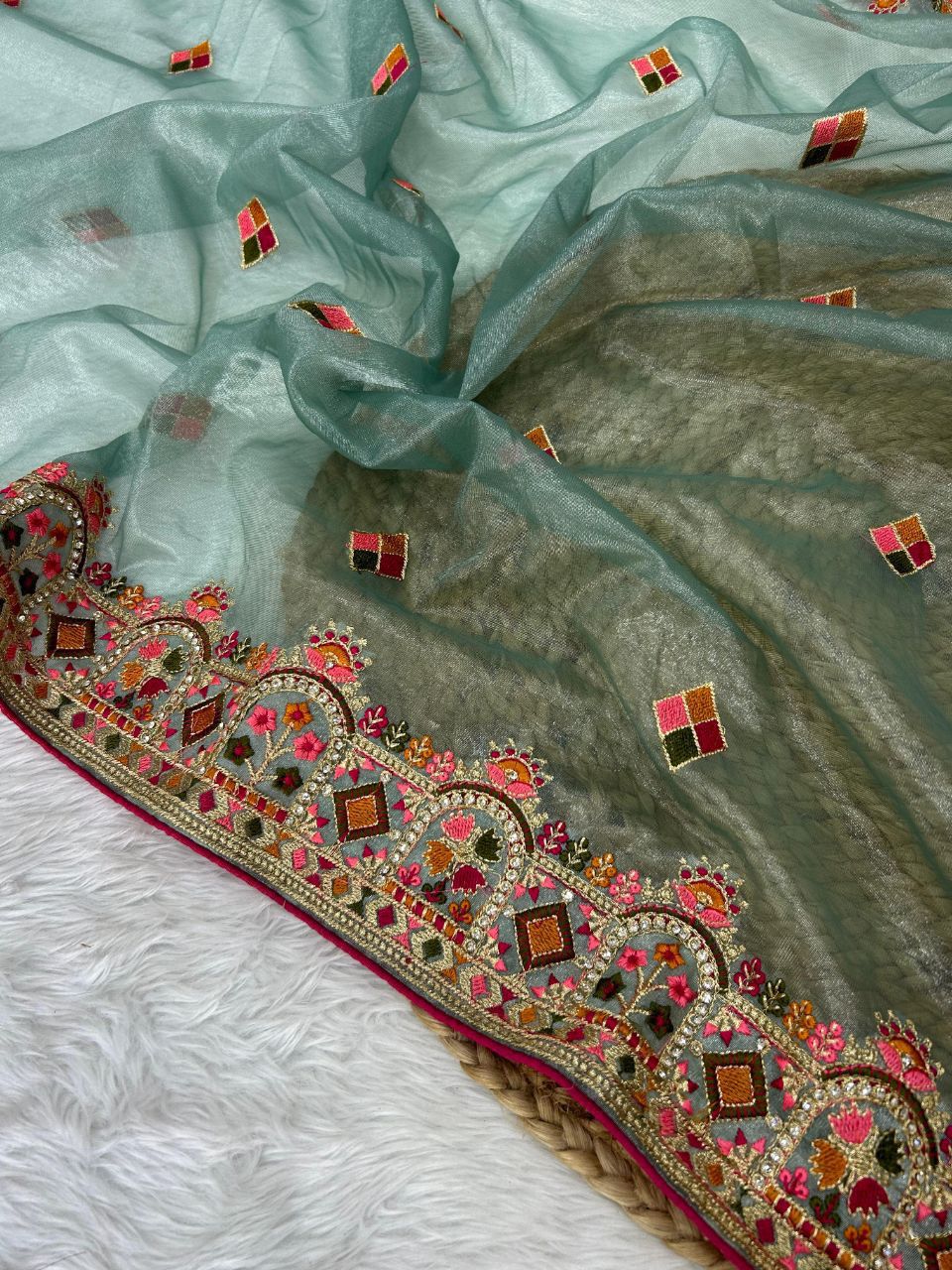 Designer Twill Net Saree with Diamond & Thread Work