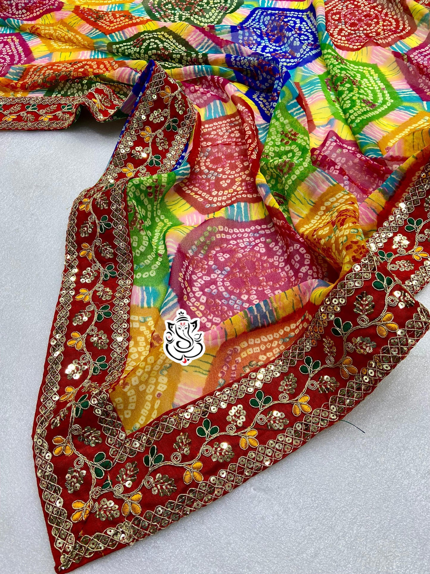 Soft Georgette Bandhej Saree with Sequin & Lace Work, Mono Blouse