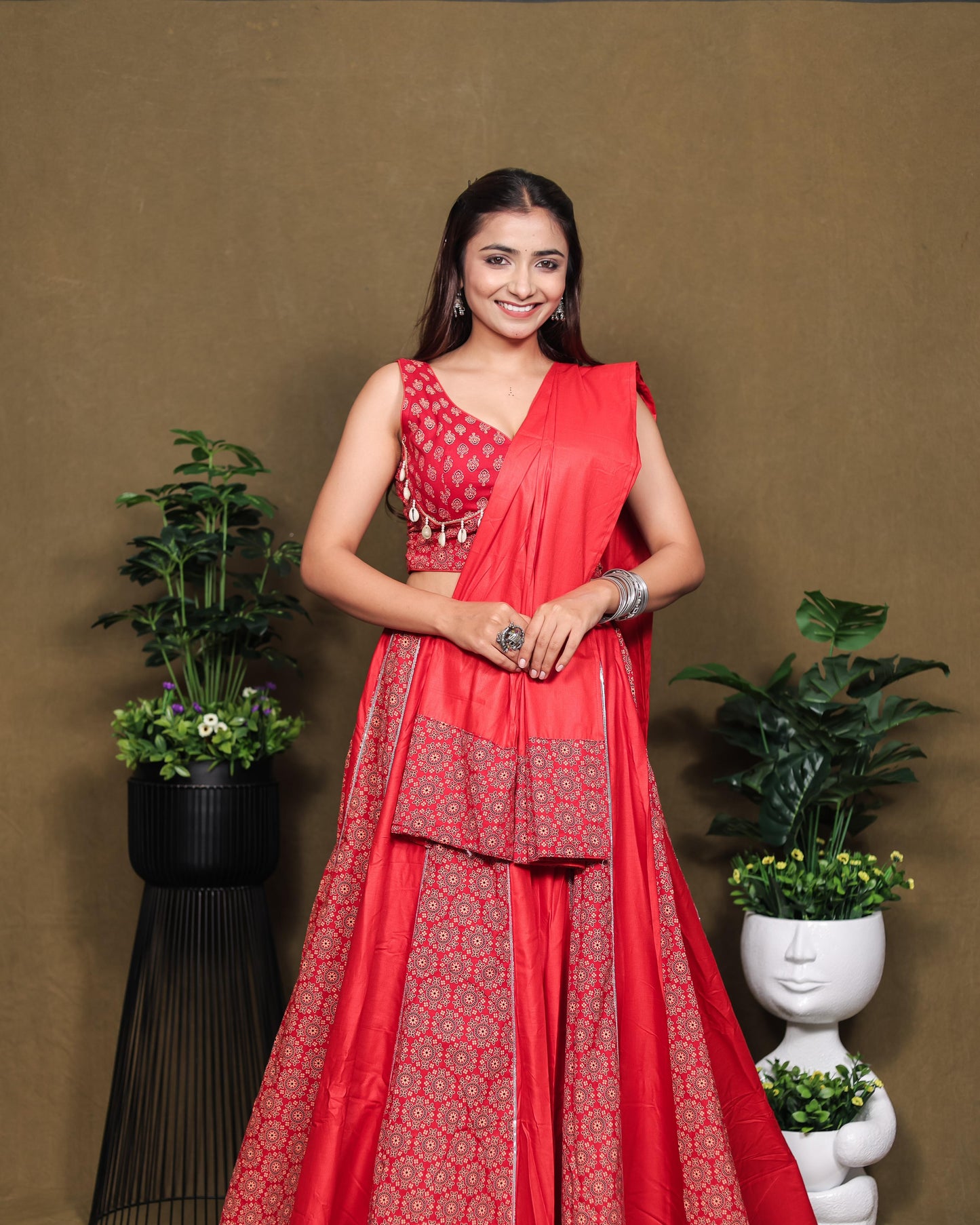 Ajrakh Printed Rayon Lehenga Choli Set with Dupatta Stitched & Flared Design Red