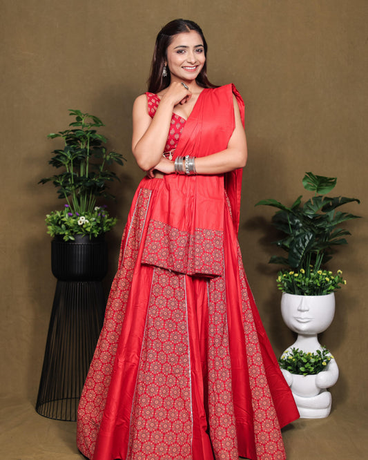 Ajrakh Printed Rayon Lehenga Choli Set with Dupatta Stitched & Flared Design Red