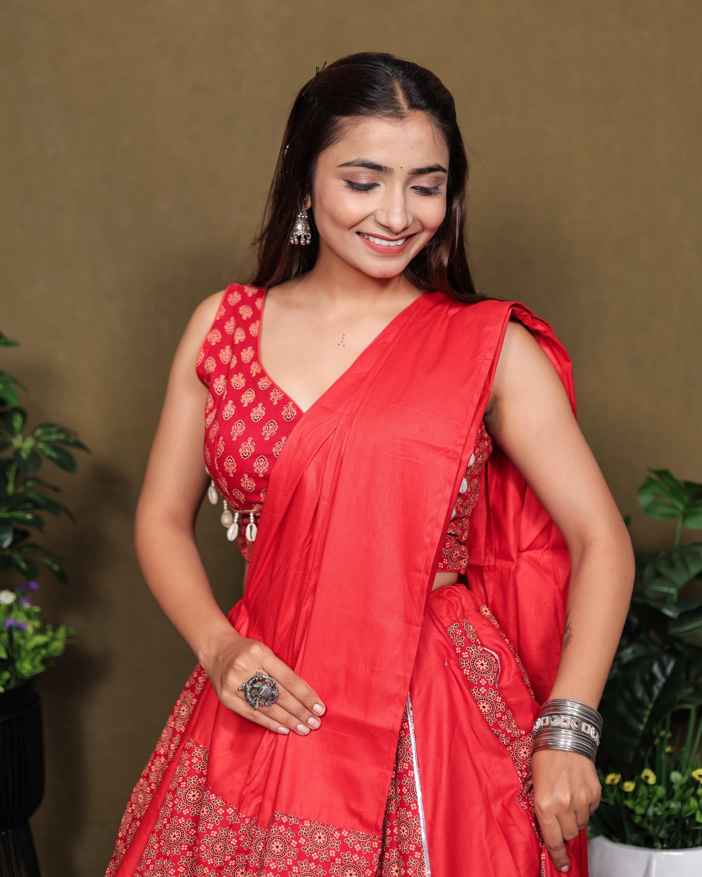 Ajrakh Printed Rayon Lehenga Choli Set with Dupatta Stitched & Flared Design Red