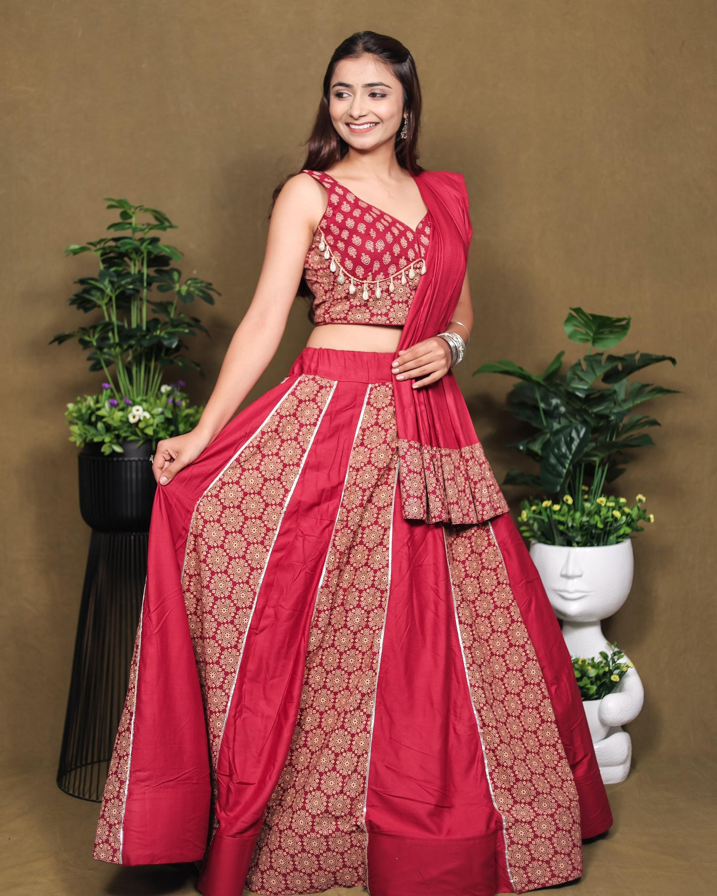 Ajrakh Printed Rayon Lehenga Choli Set with Dupatta