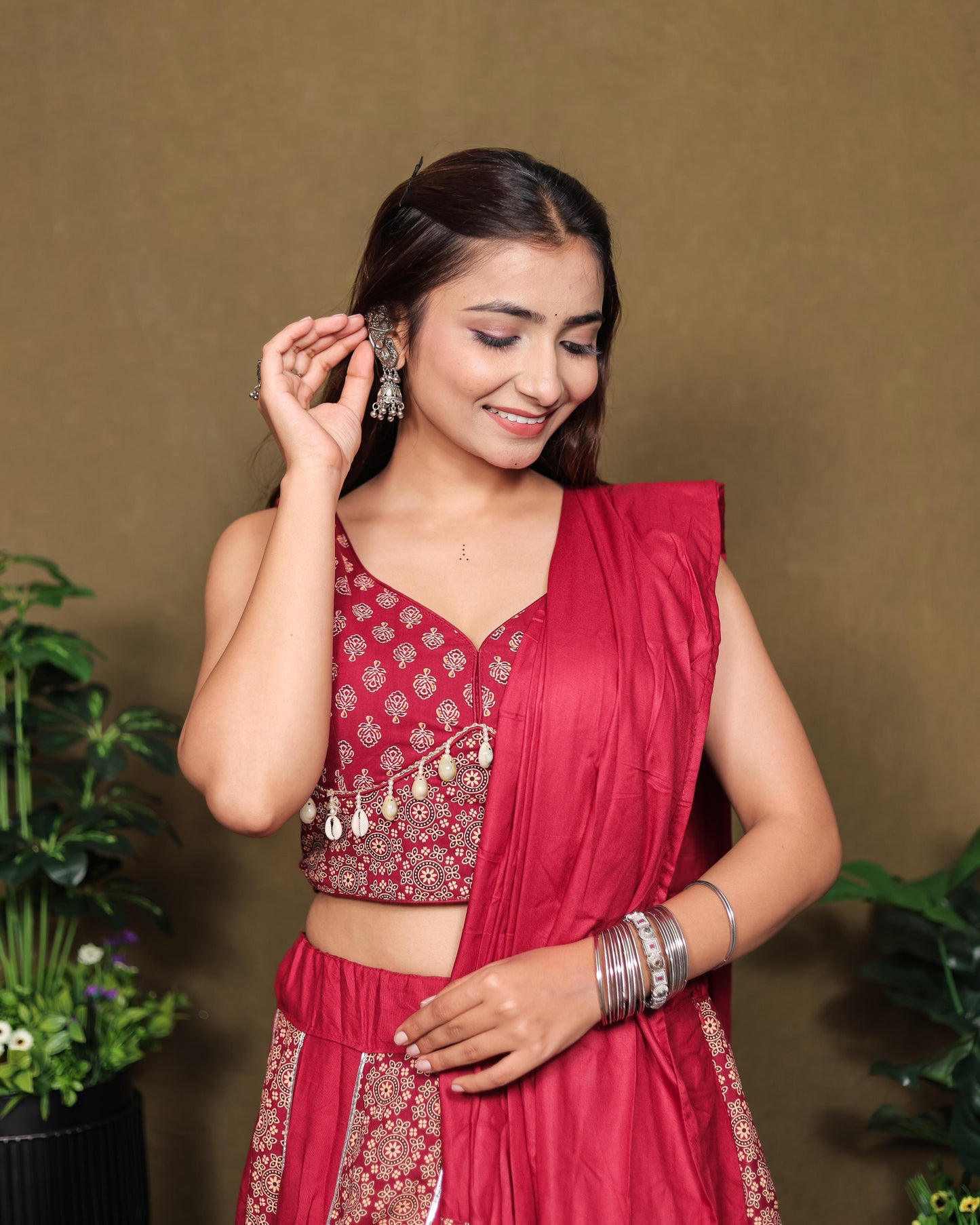 Ajrakh Printed Rayon Lehenga Choli Set with Dupatta