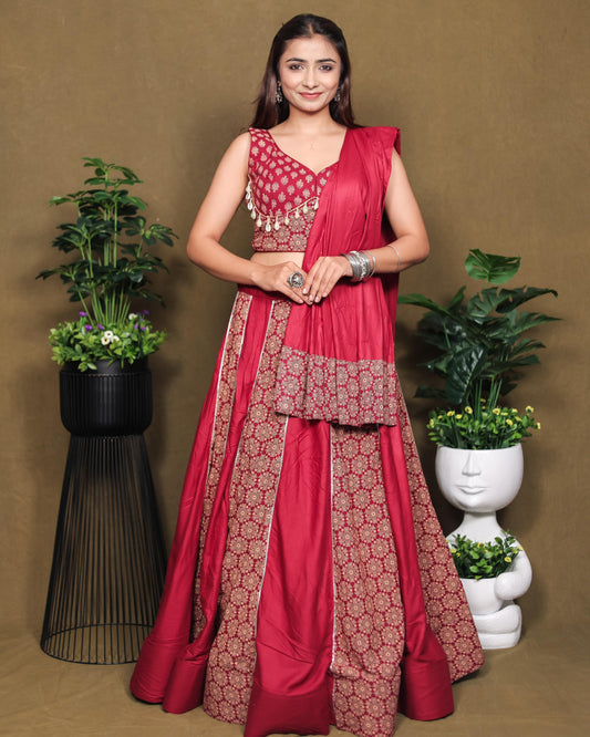 Ajrakh Printed Rayon Lehenga Choli Set with Dupatta