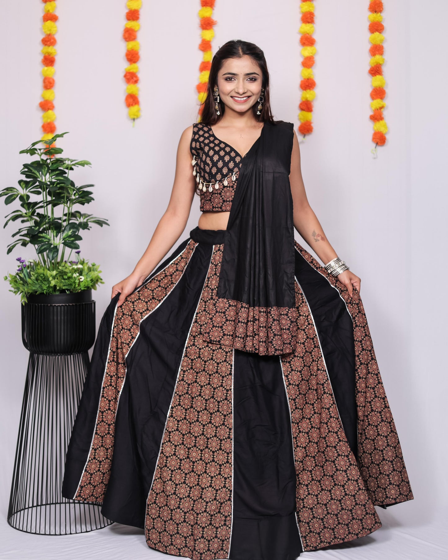 Ajrakh Printed Rayon Lehenga Choli Set with Dupatta Black