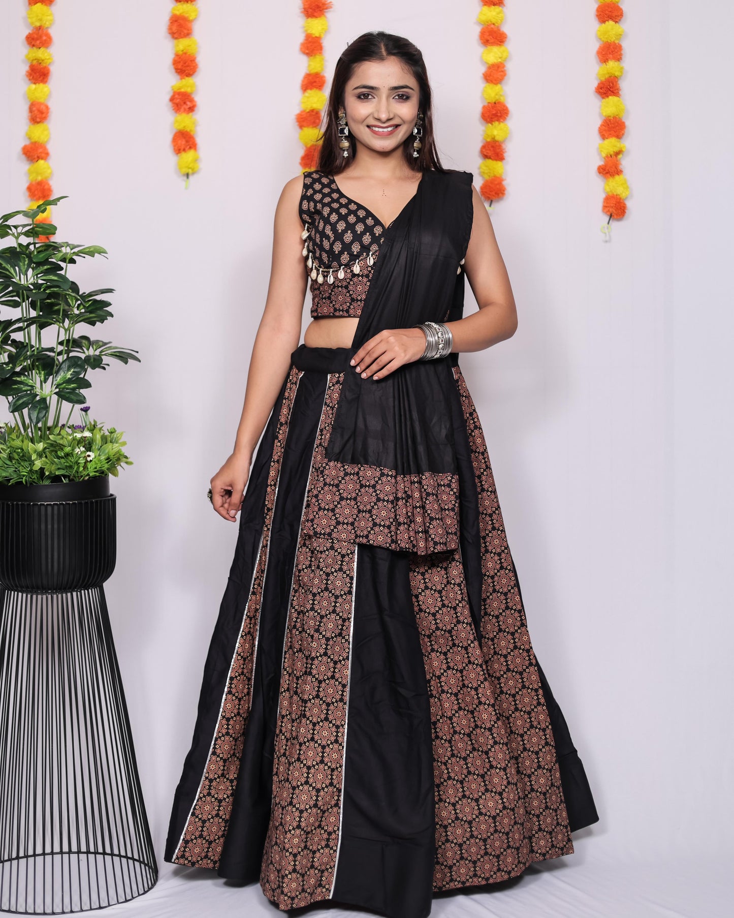 Ajrakh Printed Rayon Lehenga Choli Set with Dupatta Black
