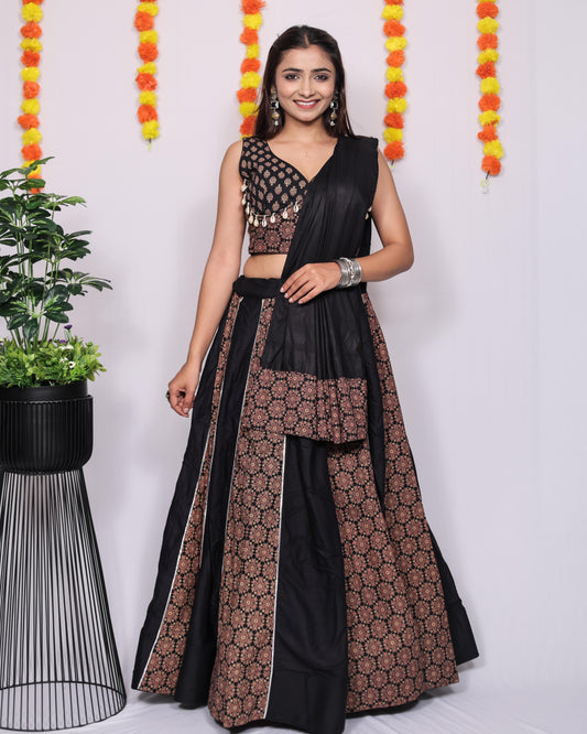 Ajrakh Printed Rayon Lehenga Choli Set with Dupatta Black