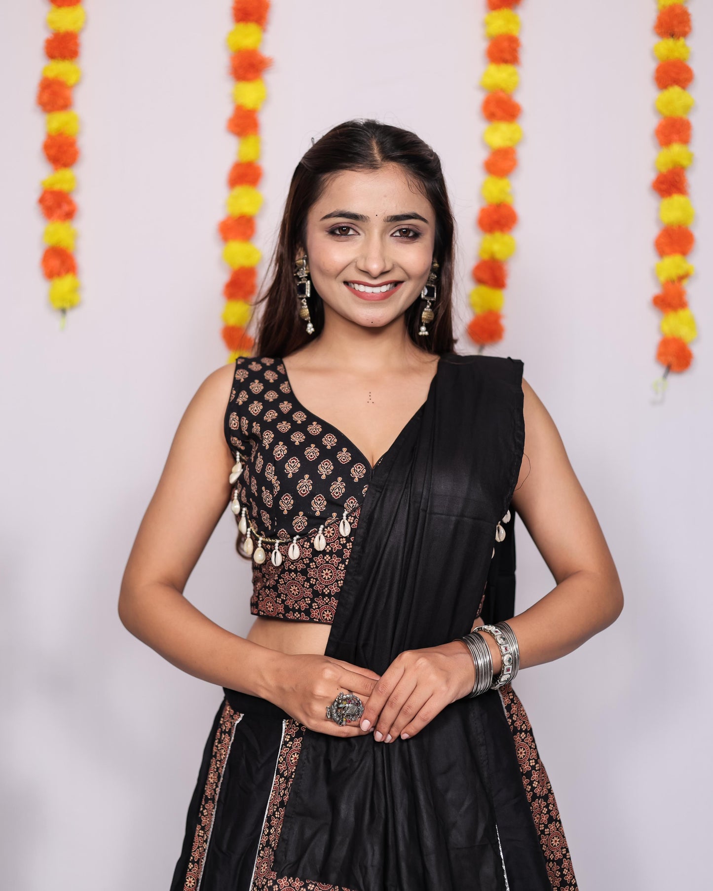 Ajrakh Printed Rayon Lehenga Choli Set with Dupatta Black