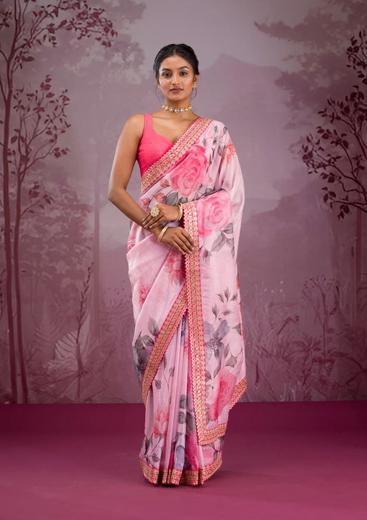 Luxurious Chinnon Silk Floral Designer Saree