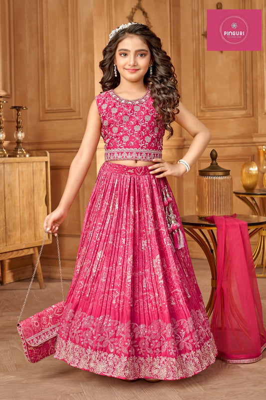 Presenting Girl's Ethnic Pink Lehenga Set with Dupatta & Purse