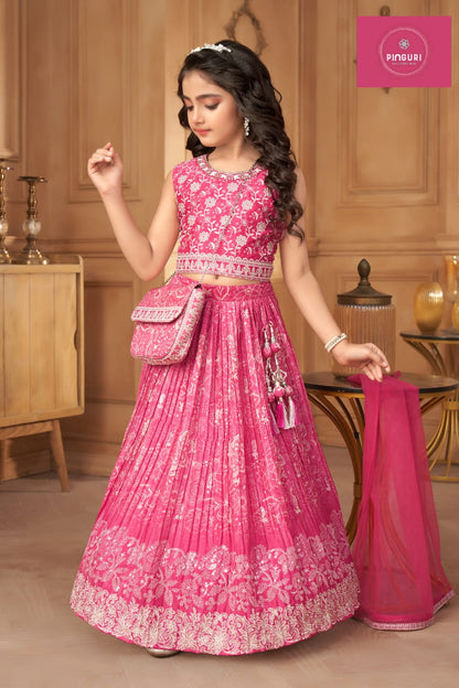 Presenting Girl's Ethnic Pink Lehenga Set with Dupatta & Purse
