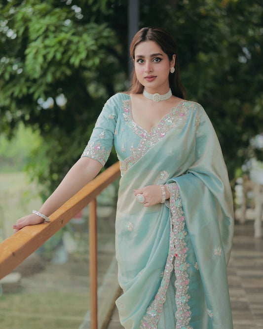 Premium Space Silk Rama Saree with Embroidery Work