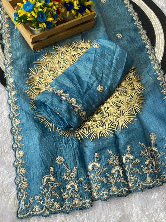 Gold Crush Saree with Silver Sequin & Thread Work
