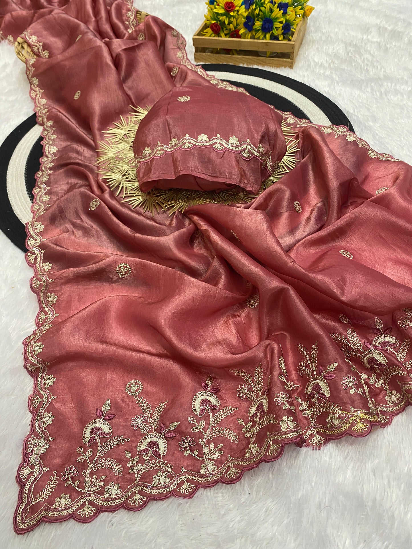 Gold Crush Saree with Silver Sequin & Thread Work