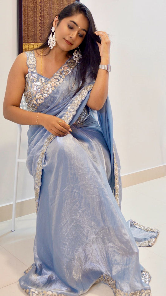 Sky Blue Designer Saree with Embroidered Rich Blue Blouse