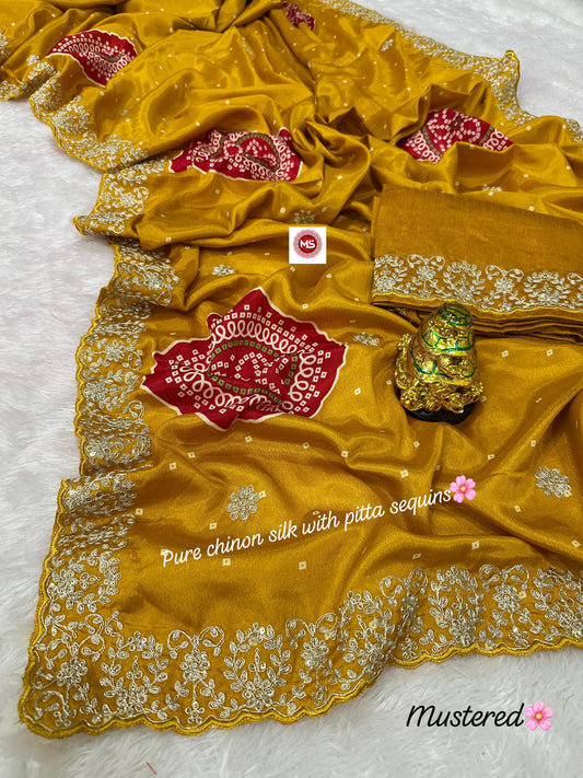 Pure Chinon c-pallu with pitta Codding and sequins work in all saree