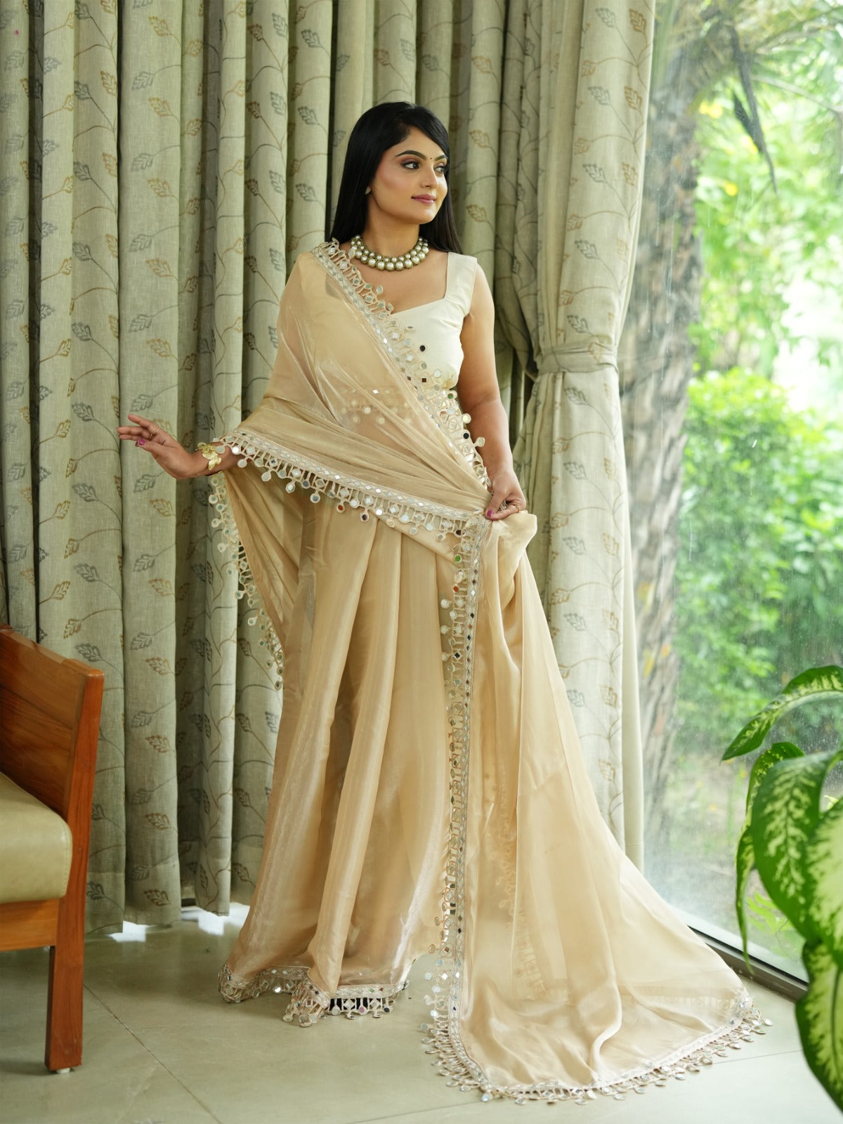 Premium Satin Organza Saree with Real Mirror & Tar Work  Raw Silk Blouse