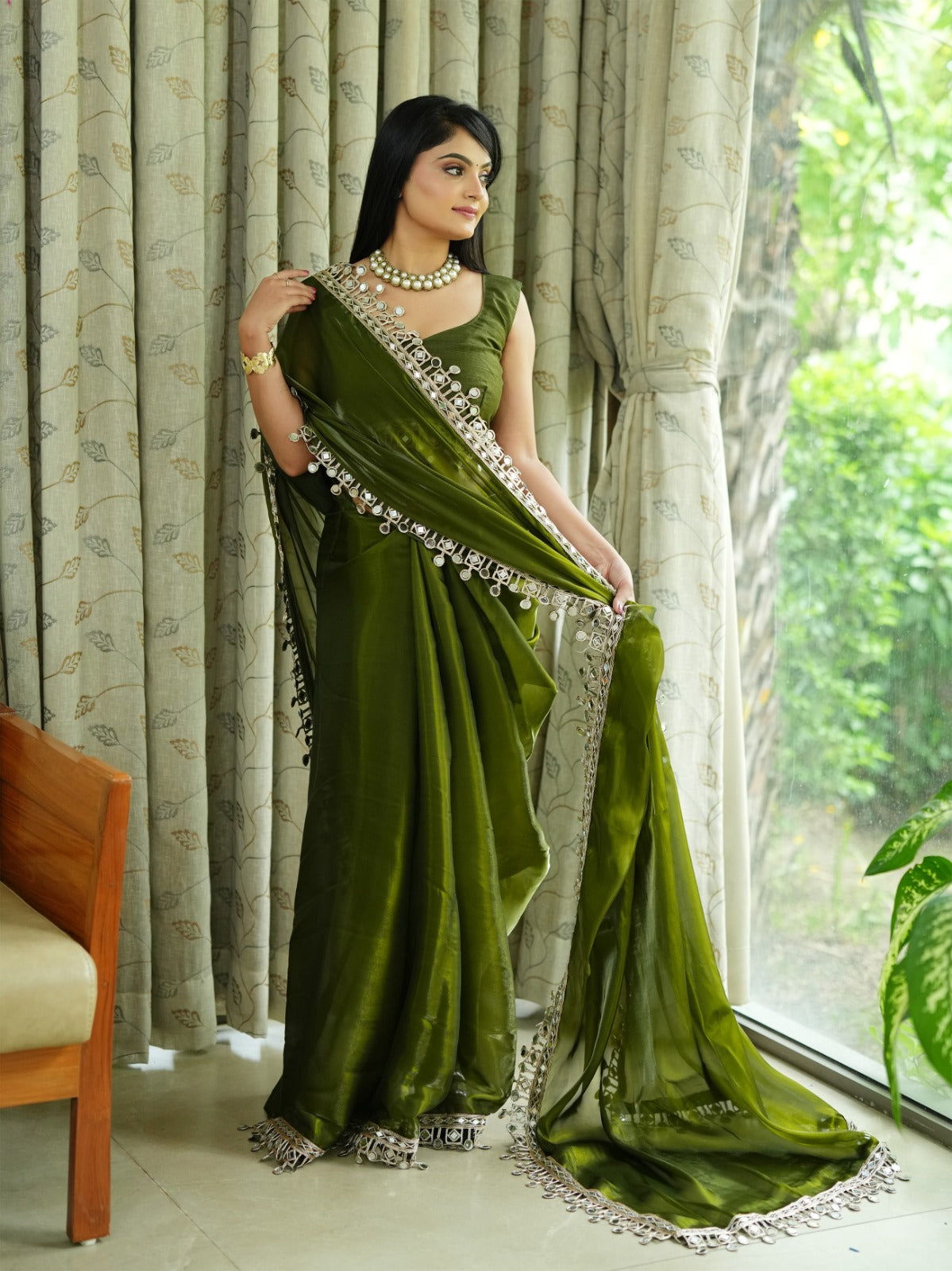 Premium Satin Organza Saree with Real Mirror & Tar Work  Raw Silk Blouse