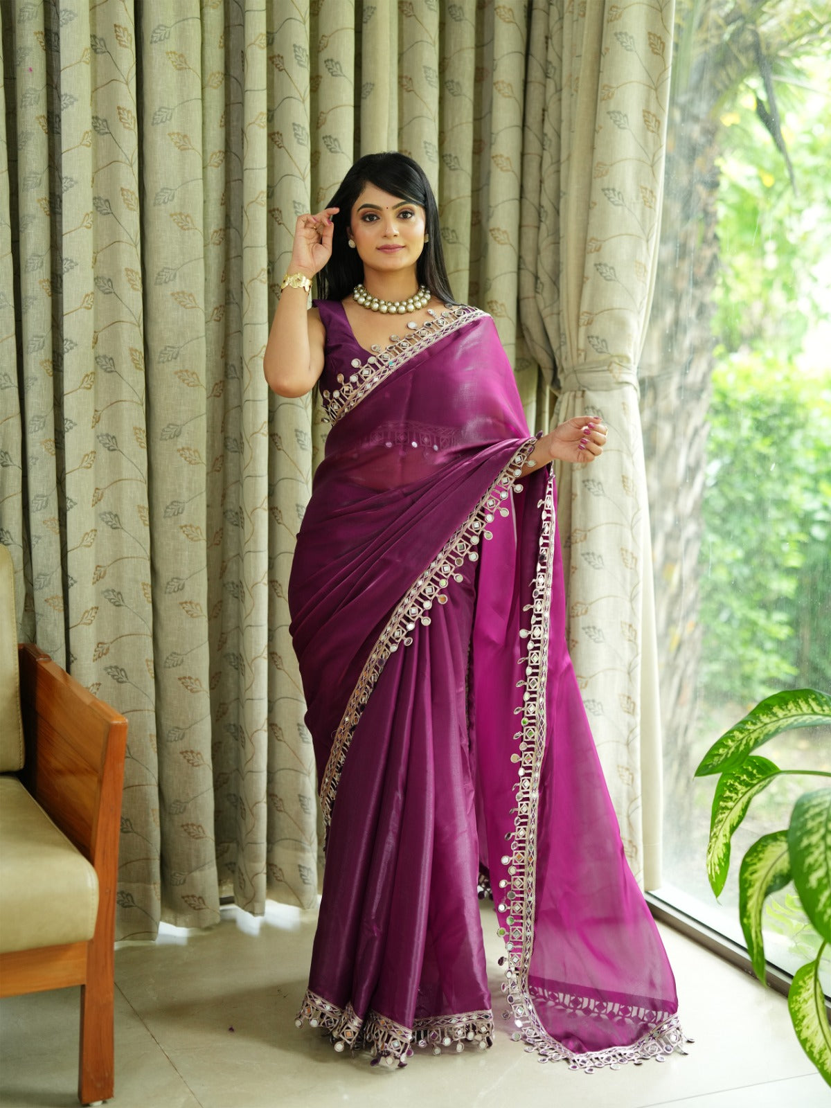 Premium Satin Organza Saree with Real Mirror & Tar Work  Raw Silk Blouse