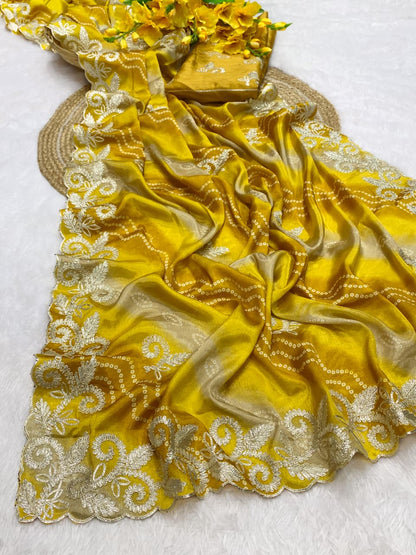 Chinnon Lehriya Bandhani Saree with Ribbon Gota Patti Work