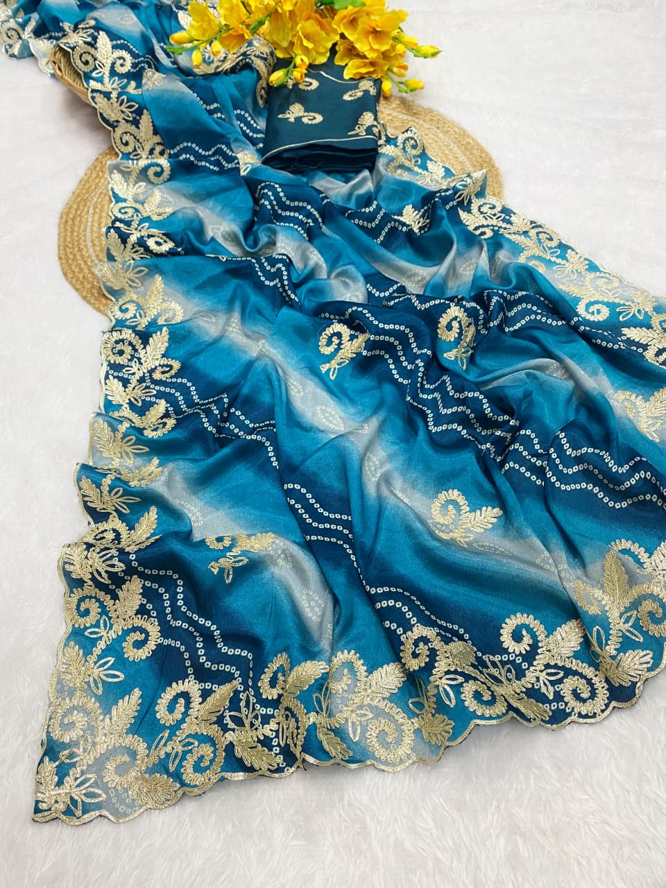 Chinnon Lehriya Bandhani Saree with Ribbon Gota Patti Work