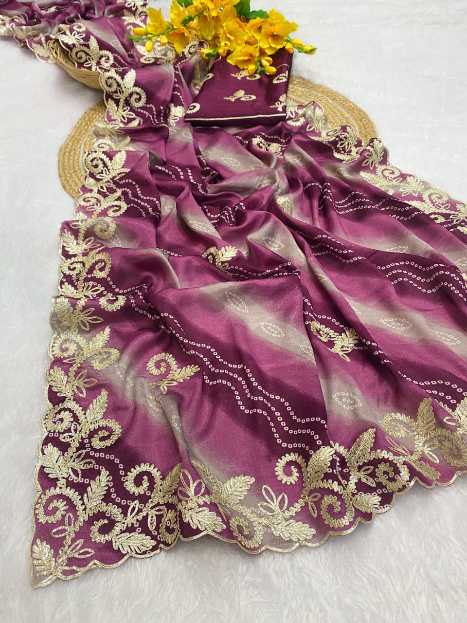 Chinnon Lehriya Bandhani Saree with Ribbon Gota Patti Work