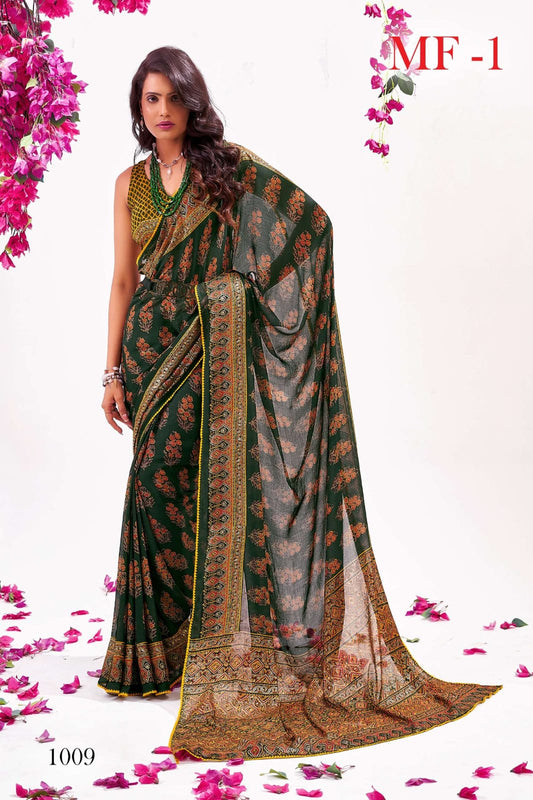 Elegant Moss Fabric Sequin Foil Saree with Cutwork Border