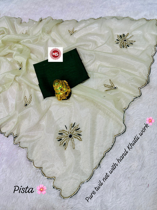 Premium Twile Net Saree with Hand Cutdana, Moti & Khatli Work