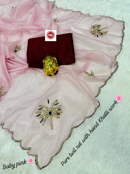 Premium Twile Net Saree with Hand Cutdana, Moti & Khatli Work