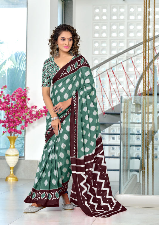Ikkat Pure Soft Luxury Hand Print Mulmul Cotton Saree