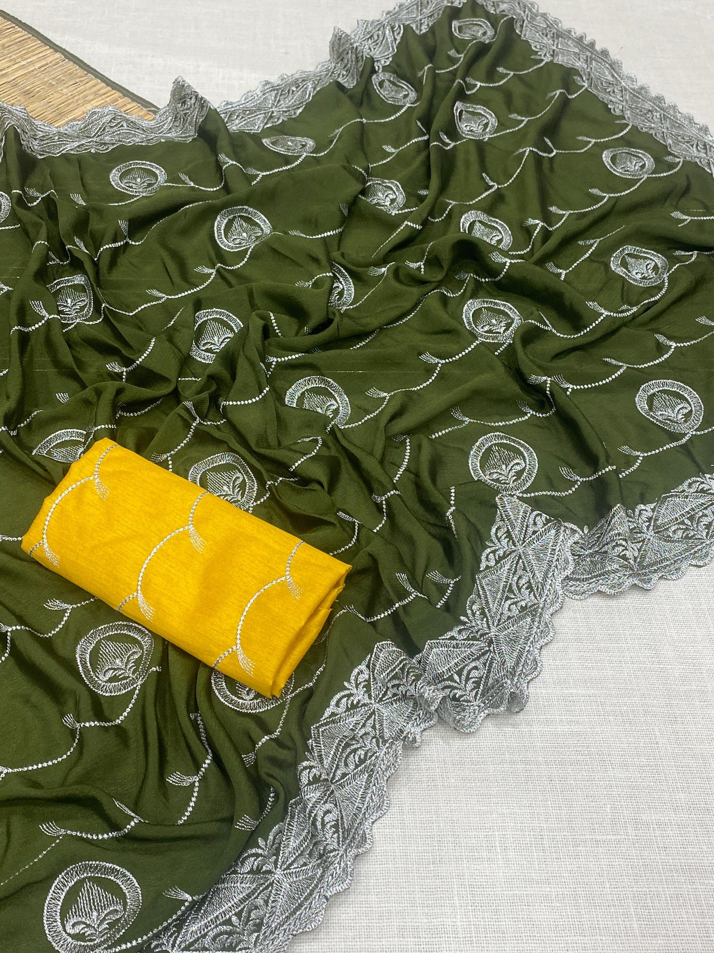 Premium Chinnon Silk Saree with Embroidered Mono Banglori Blouse