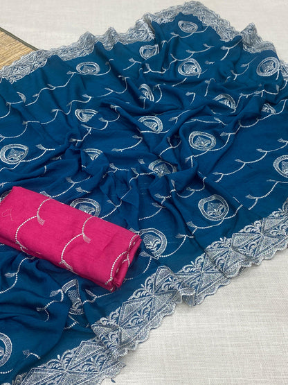 Premium Chinnon Silk Saree with Embroidered Mono Banglori Blouse
