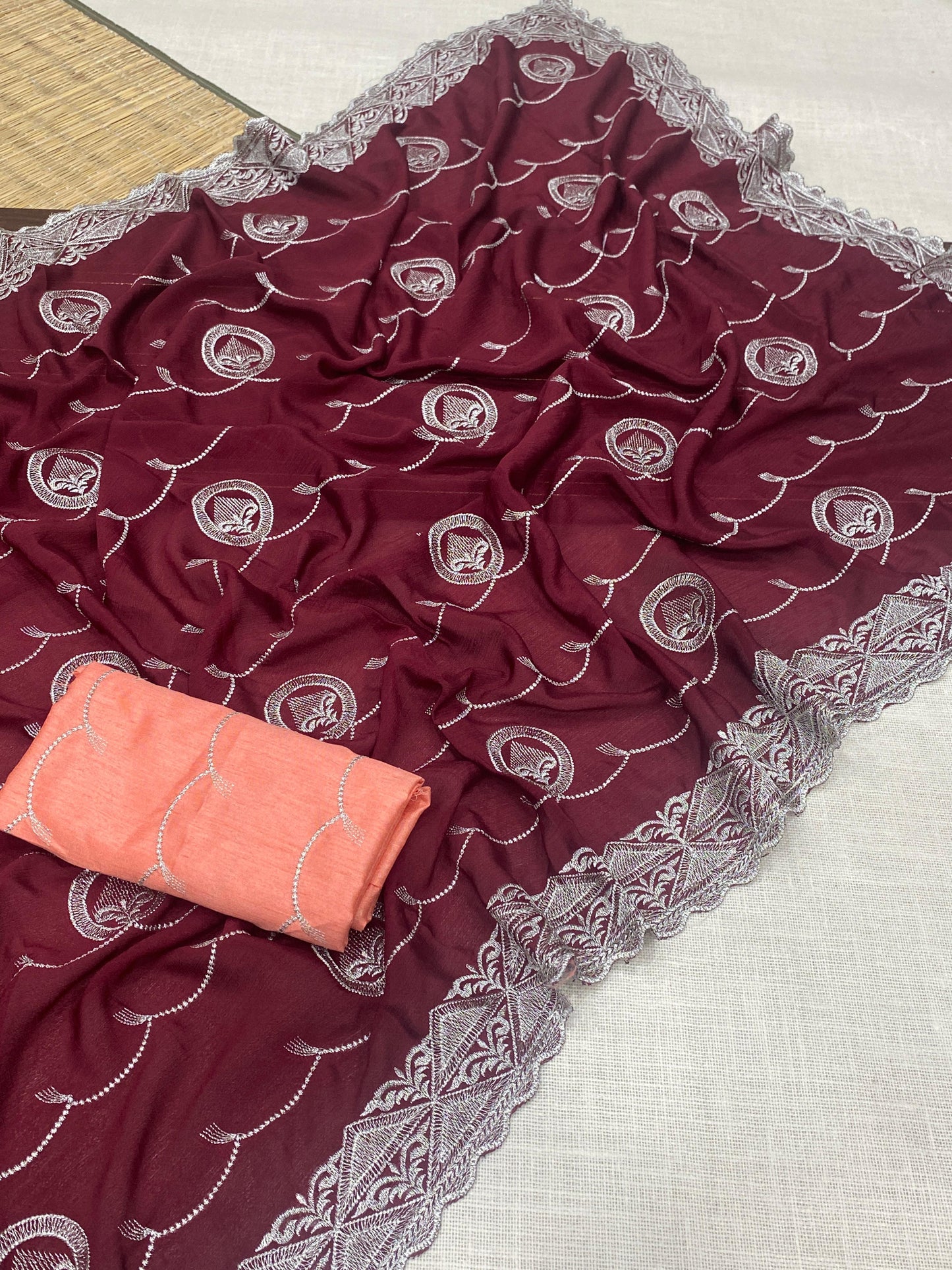 Premium Chinnon Silk Saree with Embroidered Mono Banglori Blouse