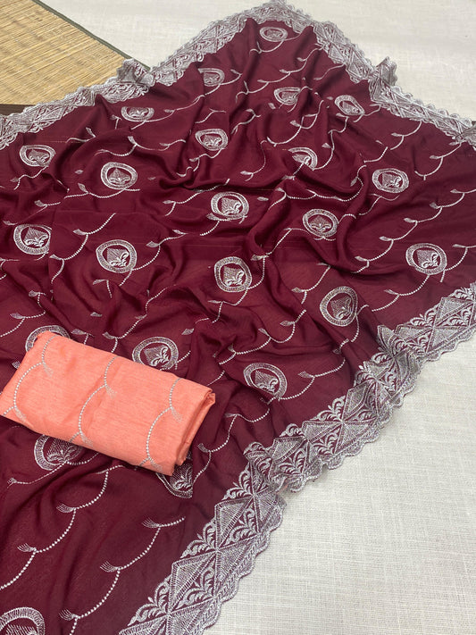 Premium Chinnon Silk Saree with Embroidered Mono Banglori Blouse