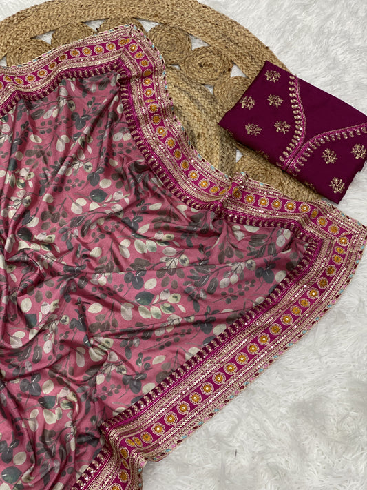 Premium Chinnon Silk Digital Print Saree with Embroidered Blouse
