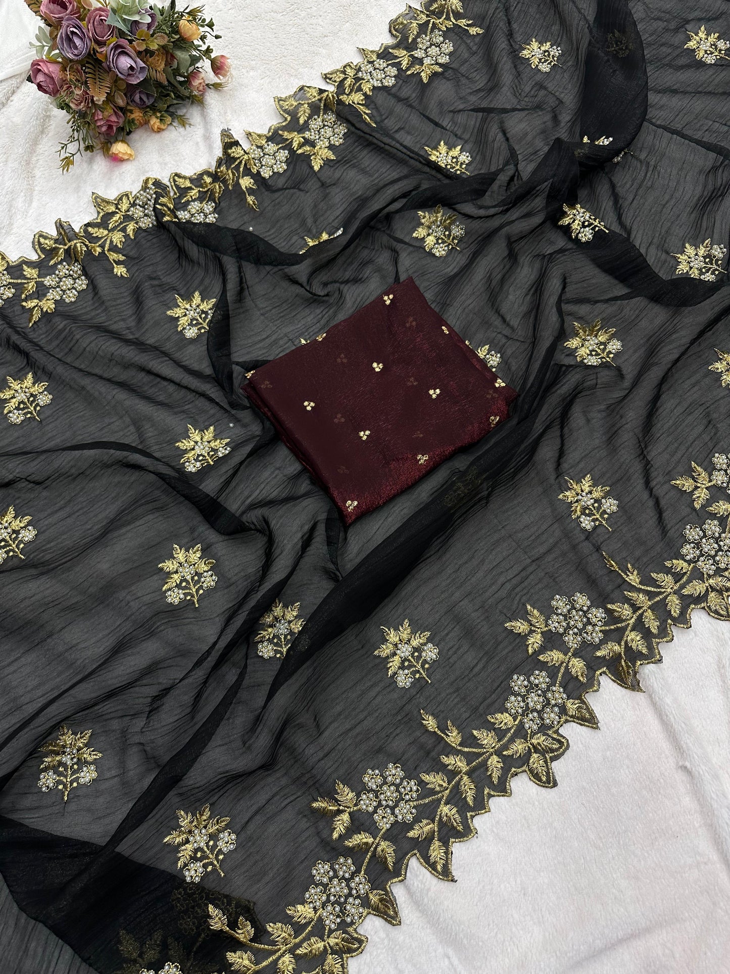 Candy Crush Silk Saree with Moti & Embroidery Scallop Border
