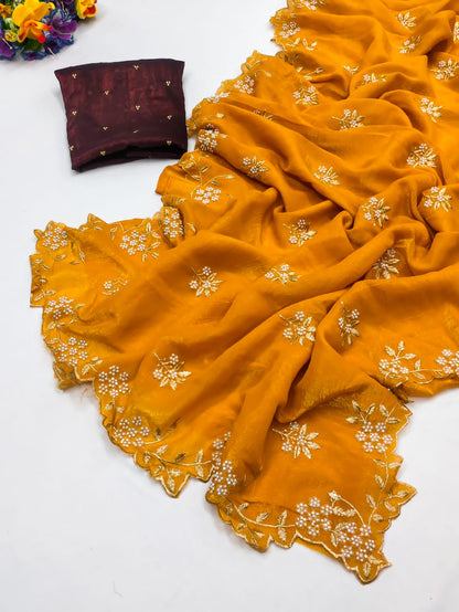 Candy Crush Silk Saree with Moti & Embroidery Scallop Border