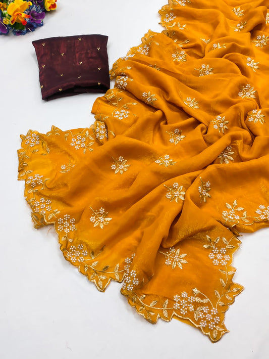 Candy Crush Silk Saree with Moti & Embroidery Scallop Border
