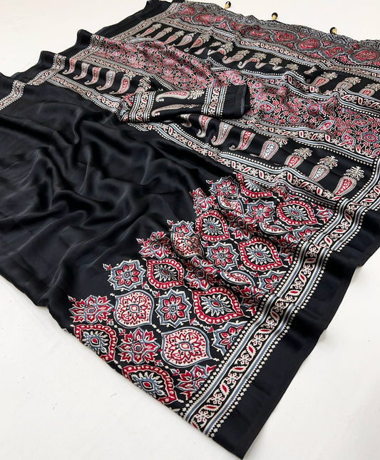 Premium Satin Crepe Traditional Ajrakh Print Saree