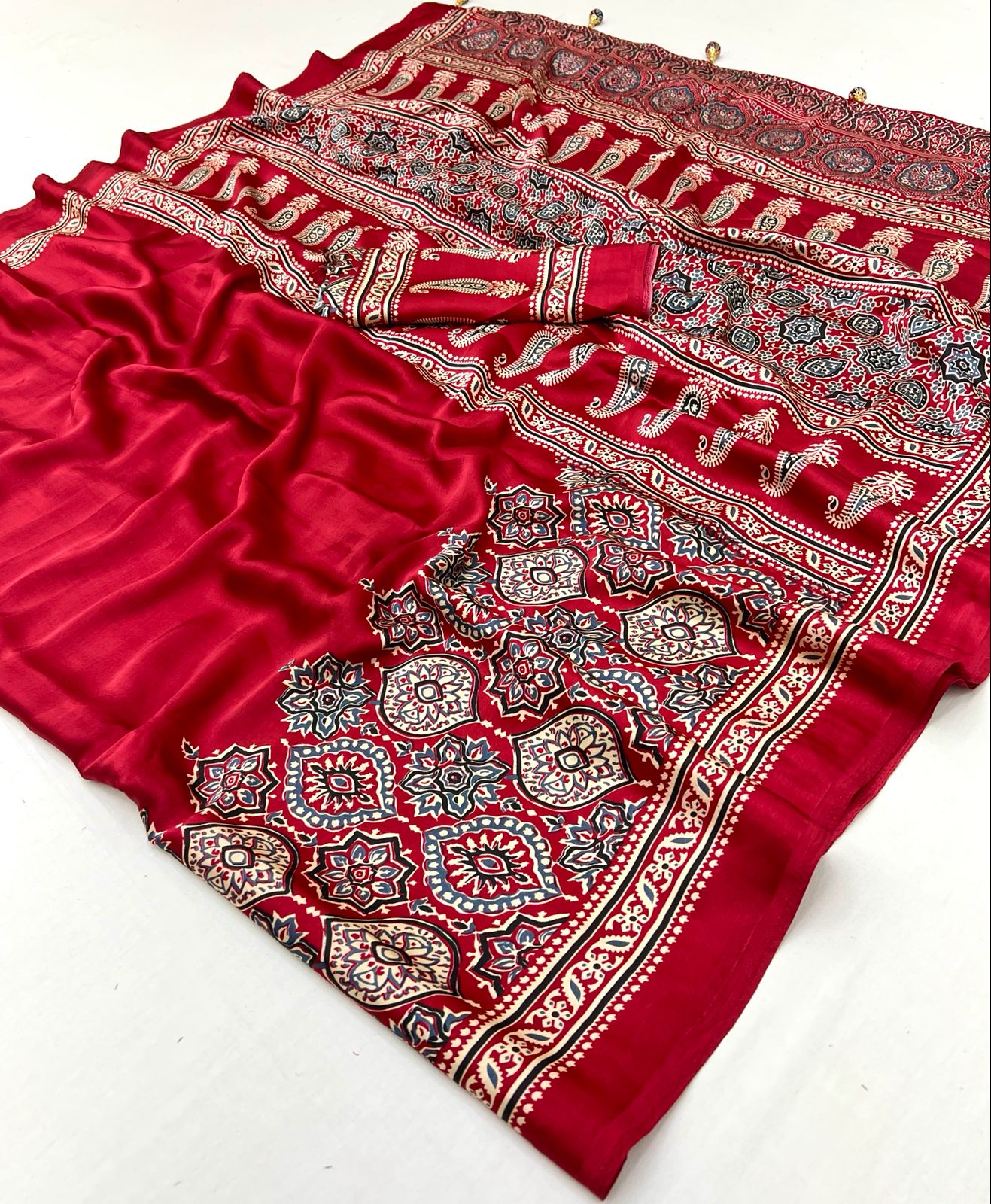 Premium Satin Crepe Traditional Ajrakh Print Saree