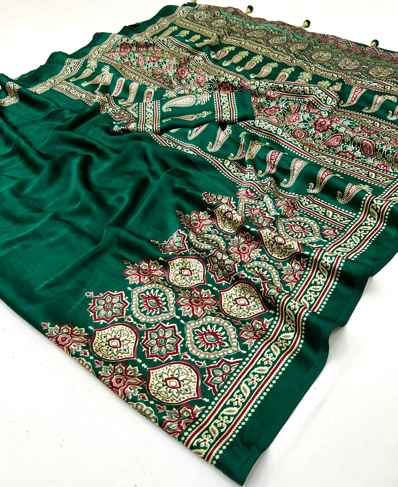 Premium Satin Crepe Traditional Ajrakh Print Saree