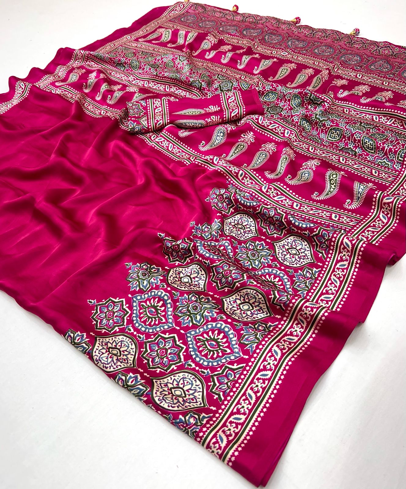Premium Satin Crepe Traditional Ajrakh Print Saree
